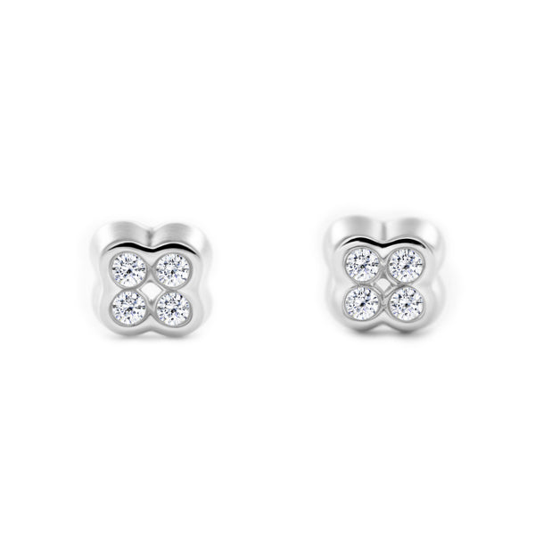 Orecchini bambini Trifoglio Zircone Oro Bianco 18K