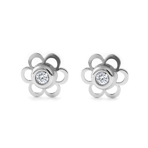 Orecchini bambini ragazza fiore margherita Zircone Oro Bianco 9K