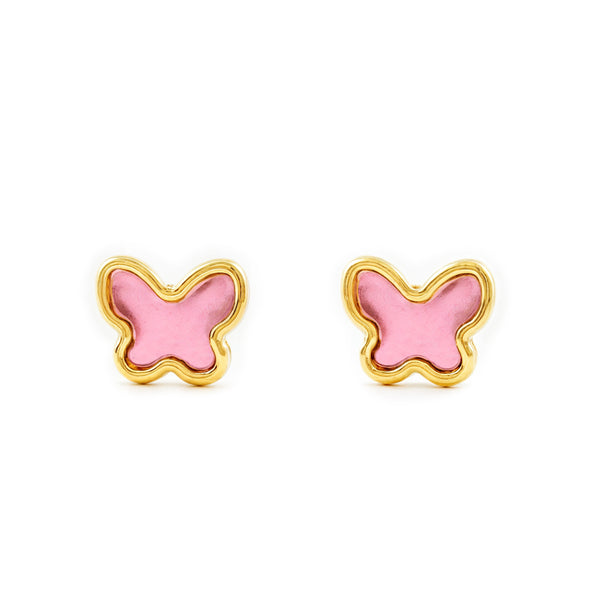 Orecchini bambini ragazza Smalto rosa Farfalla Oro Giallo 18K