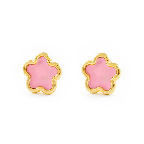 Orecchini ragazza Smalto rosa fiore margherita Oro Giallo 9K