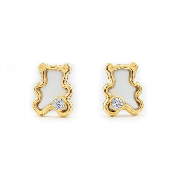 Orecchini bambini ragazza Madreperla Orso Zircone Oro Giallo 9K