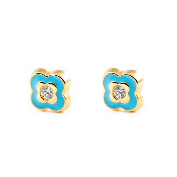 Orecchini ragazza Smalto Blu Trifoglio Zircone Oro Giallo 9K