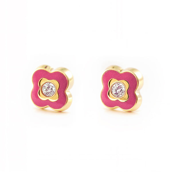 Orecchini ragazza Smalto rosa Trifoglio Zircone Oro Giallo 9K