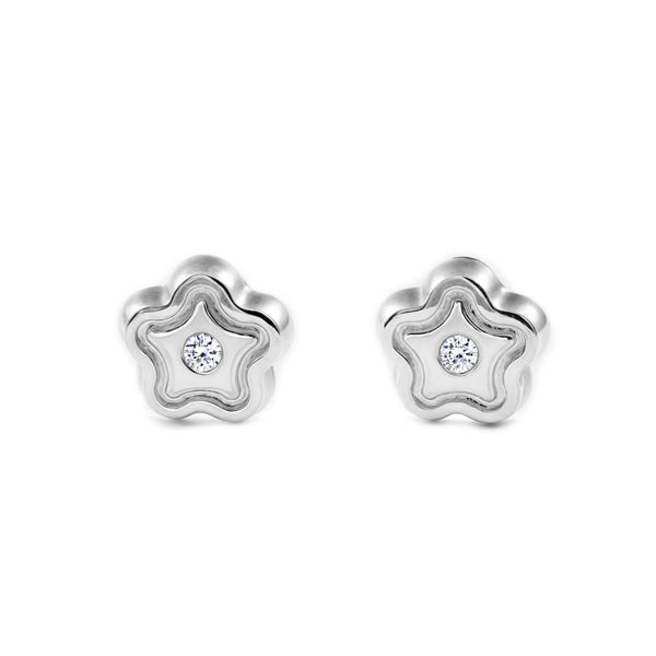 Orecchini bambini ragazza fiore margherita Zircone Oro Bianco 9K