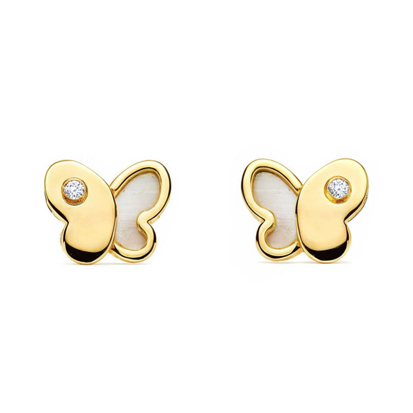 Orecchini ragazza Madreperla Farfalla Zircone Oro Giallo 9K
