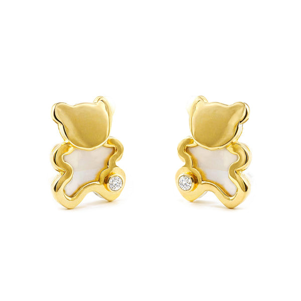 Orecchini ragazza Madreperla Orso Zircone Oro Giallo 9K
