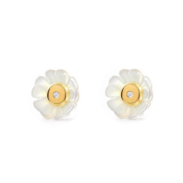 Orecchini ragazza Madreperla Fiore Zircone Oro Giallo 9K