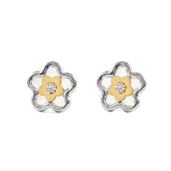 Orecchini ragazza donna fiore margherita Zircone Bicolore 9K
