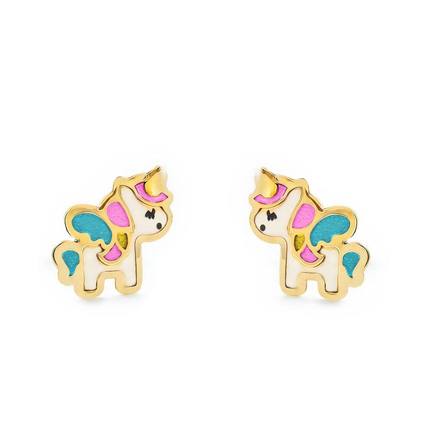 Orecchini ragazza Smalto multicolore Unicorno Oro Giallo 18K
