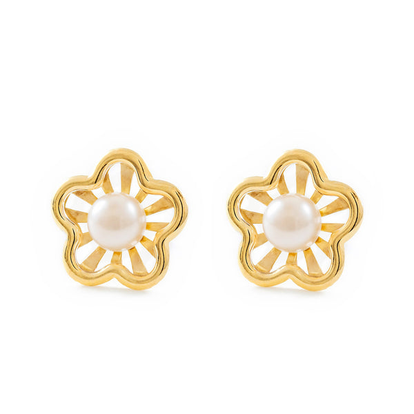 Orecchini ragazza fiore margherita Perla 3.5 mm Oro Giallo 9K opaca e brillante