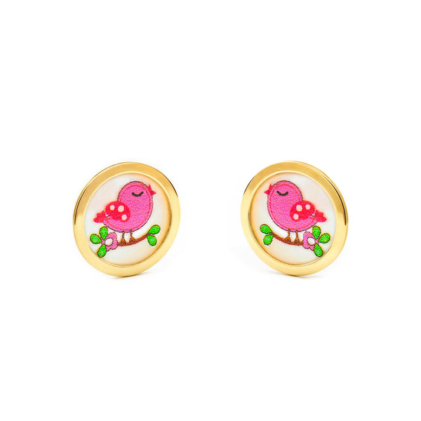 Orecchini ragazza Smalto multicolore Uccello Oro Giallo 9K