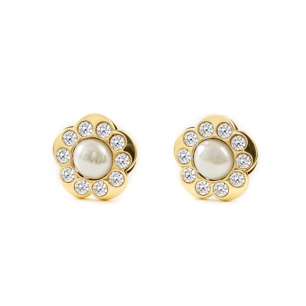 Orecchini ragazza donna fiore margherita Zircone Perla 3.5 mm Oro Giallo 9K
