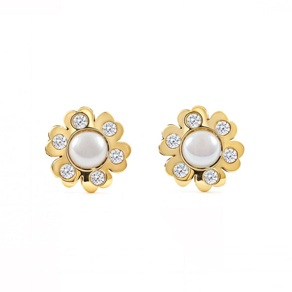 Orecchini ragazza donna Fiore Zircone Perla 3.5 mm Oro Giallo 9K