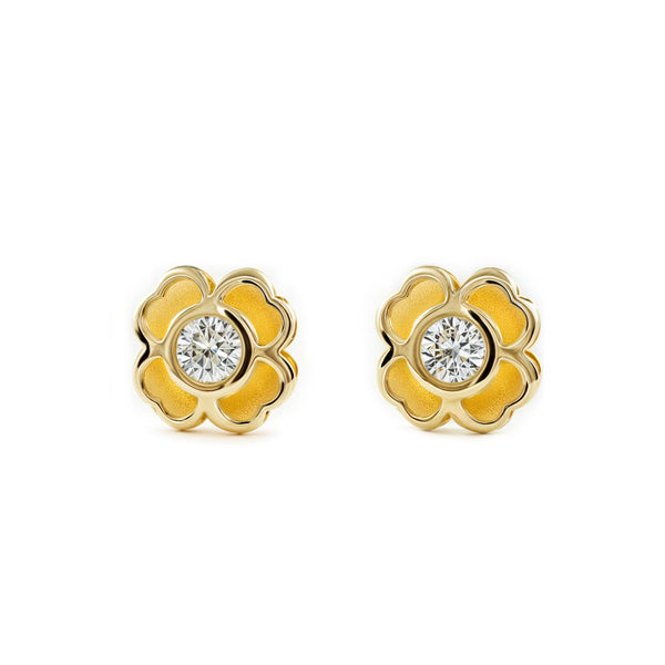 Orecchini ragazza Trifoglio Zircone Oro Giallo 9K opaca e brillante