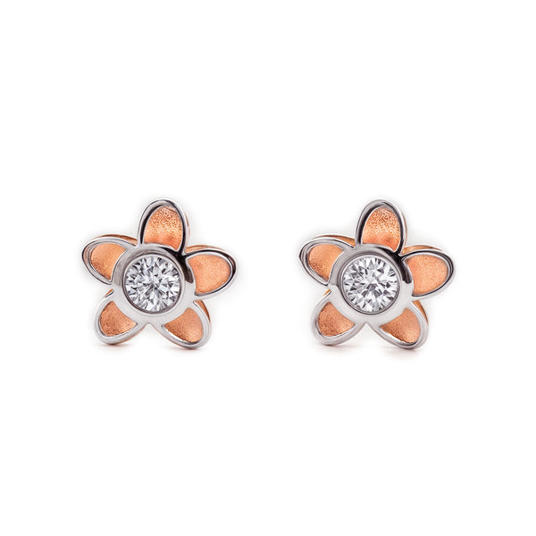Orecchini ragazza fiore margherita Zircone Bicolore 9K opaca e brillante
