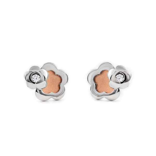 Orecchini ragazza Fiore Zircone Bicolore 9K opaca e brillante