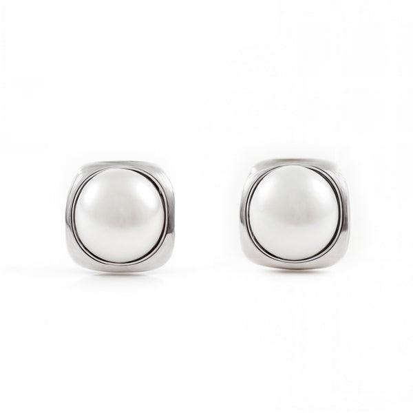Orecchini bambini ragazza Quadrato Perla 4 mm Oro Bianco 9K