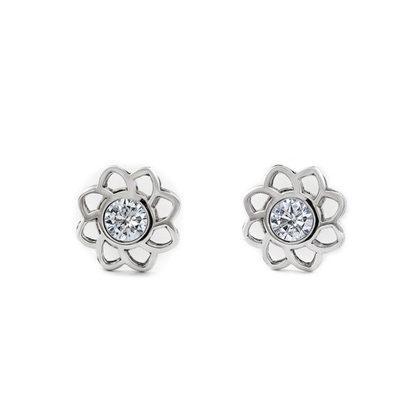 Orecchini bambini ragazza Fiore Zircone Oro Bianco 9K