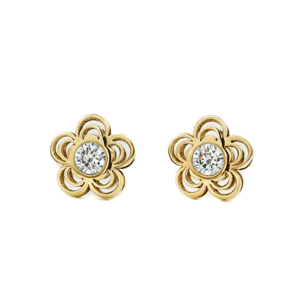 Orecchini bambini ragazza fiore margherita Zircone Oro Giallo 9K