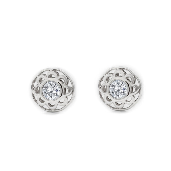 Orecchini bambini ragazza Rotondo Zircone Oro Bianco 9K