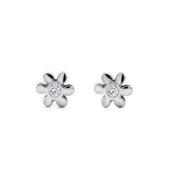 Orecchini bambini Fiore Zircone Oro Bianco 9K