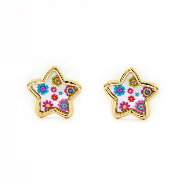 Orecchini ragazza Madreperla Stella Smalto multicolore Oro Giallo 9K