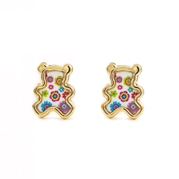 Orecchini ragazza Madreperla Orso Smalto multicolore Oro Giallo 9K