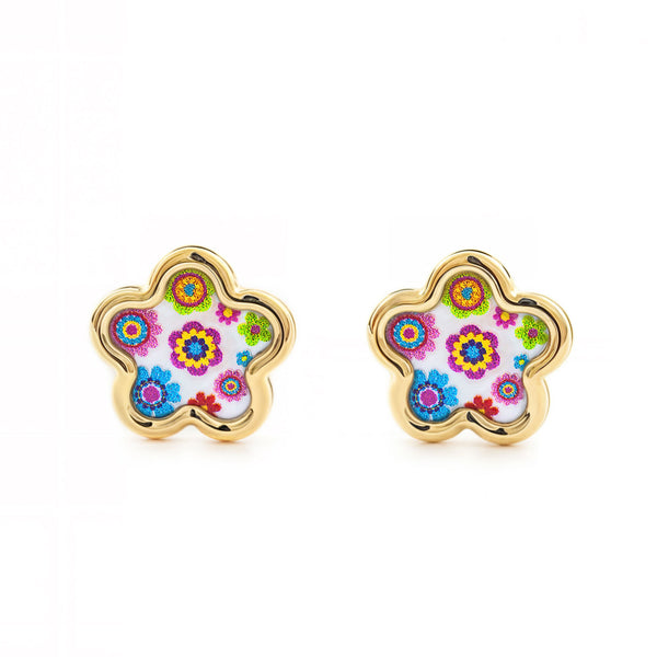 Orecchini ragazza Madreperla Fiori Smalto multicolore Oro Giallo 9K