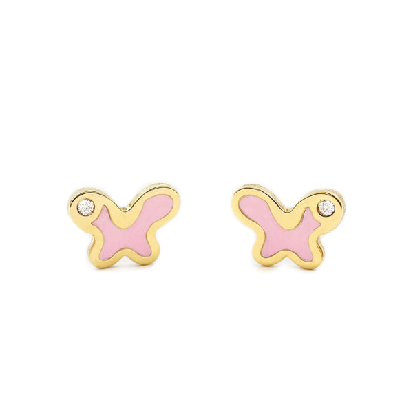 Orecchini bambini ragazza Smalto rosa Farfalla Zircone Oro Giallo 9K