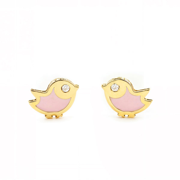 Orecchini bambini ragazza Smalto rosa Uccello Zircone Oro Giallo 9K