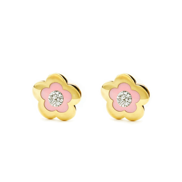 Orecchini ragazza Smalto rosa fiore margherita Zircone Oro Giallo 9K