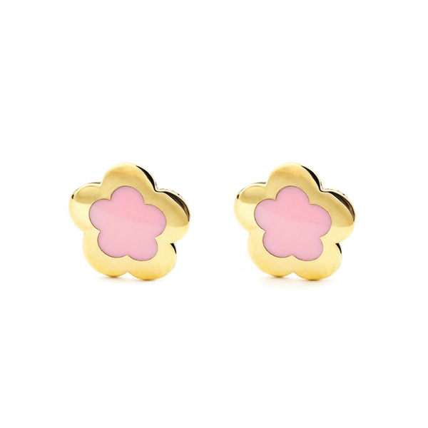 Orecchini ragazza Smalto rosa fiore margherita Oro Giallo 9K