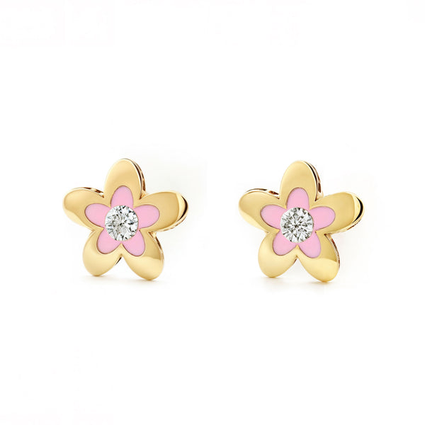 Orecchini ragazza Smalto rosa Fiore Zircone Oro Giallo 9K