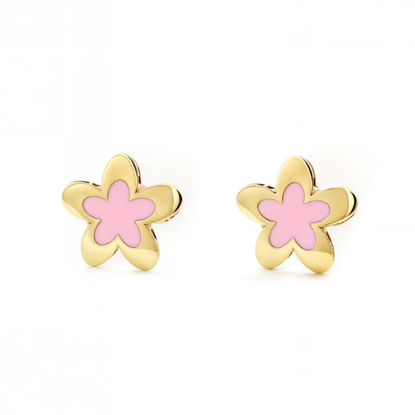 Orecchini ragazza Smalto rosa Fiore Oro Giallo 9K