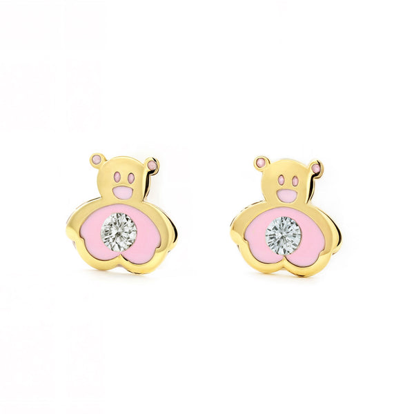 Orecchini ragazza Smalto rosa Orso Zircone Oro Giallo 9K