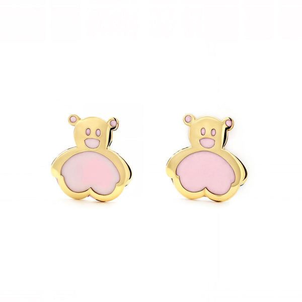 Orecchini ragazza Smalto rosa Orso Oro Giallo 9K
