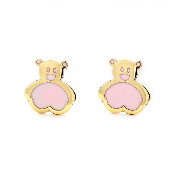 Orecchini ragazza Smalto rosa Orso Oro Giallo 9K