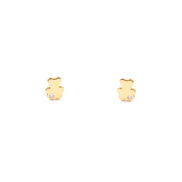 Orecchini Bambini-Ragazza Oro Giallo 18K Liscio Orso Zircone Brillante