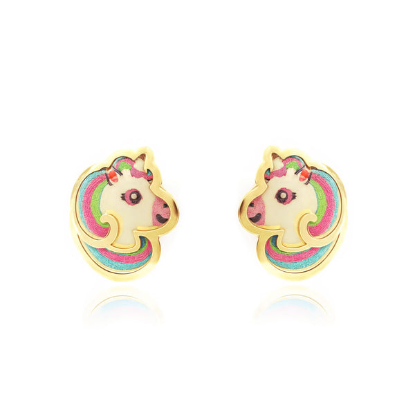 Orecchini ragazza Smalto multicolore Unicorno Oro Giallo 9K