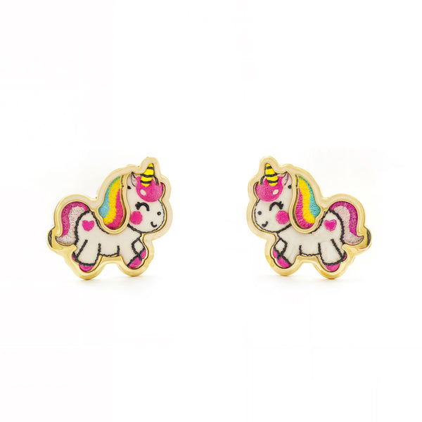 Orecchini ragazza Smalto multicolore Unicorno Oro Giallo 9K