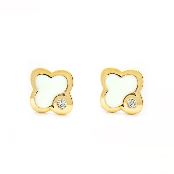 Orecchini bambini ragazza Madreperla Trifoglio Zircone Oro Giallo 9K