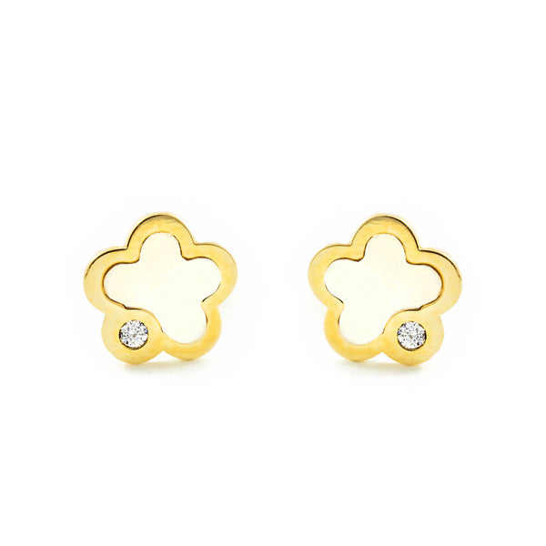 Orecchini bambini ragazza Madreperla Fiore Zircone Oro Giallo 9K