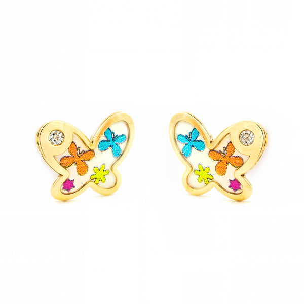 Orecchini bambini ragazza Smalto multicolore Farfalla Zircone Oro Giallo 9K