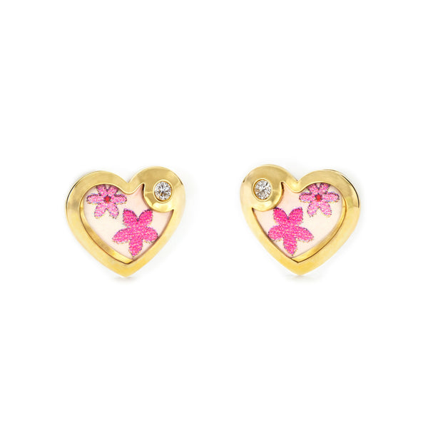 Orecchini bambini ragazza Smalto multicolore Cuore Zircone Oro Giallo 9K