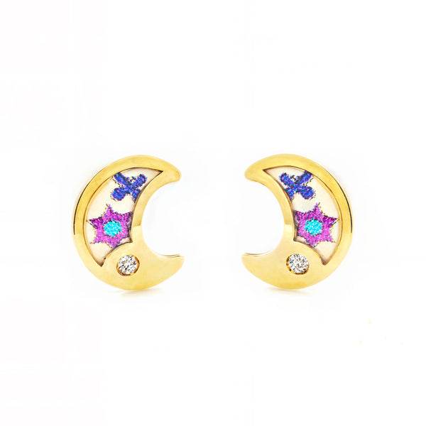 Orecchini ragazza Smalto multicolore Luna Zircone Oro Giallo 9K