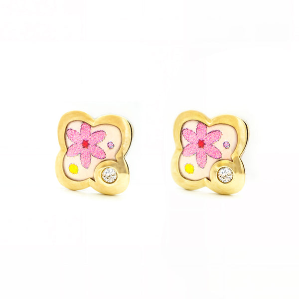 Orecchini ragazza Smalto multicolore Fiore Zircone Oro Giallo 9K