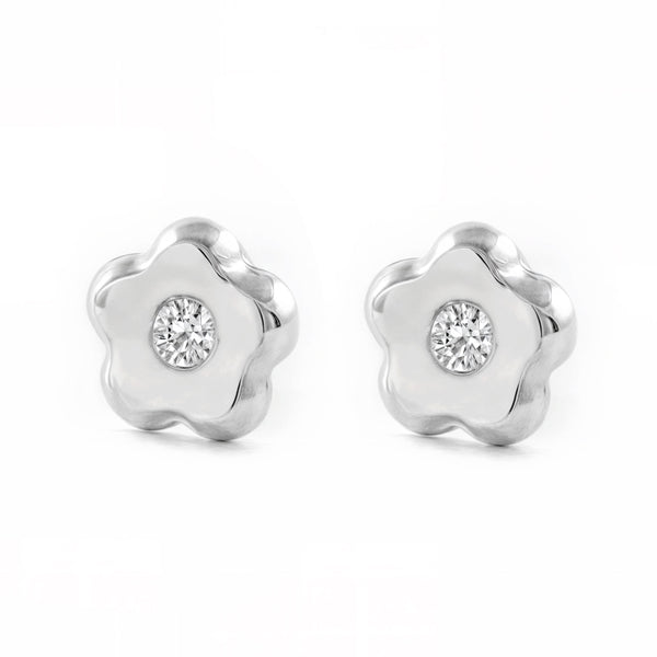 Orecchini bambini ragazza fiore margherita Zircone Oro Bianco 9K