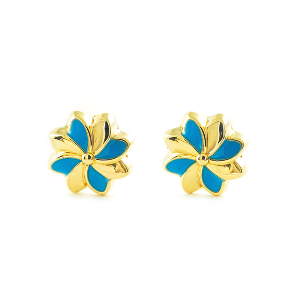 Orecchini ragazza Smalto Blu Fiore Oro Giallo 18K