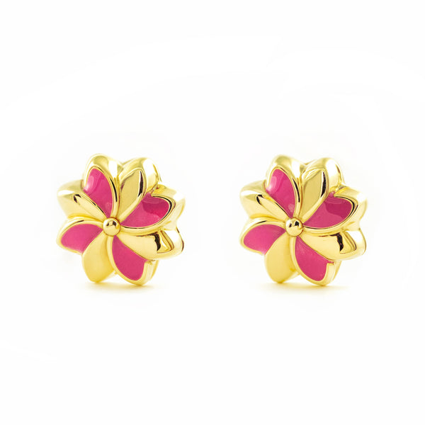 Orecchini ragazza Smalto rosa Fiore Oro Giallo 9K