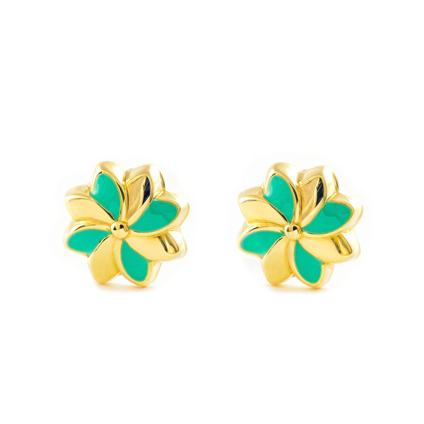 Orecchini ragazza Smalto verde Fiore Oro Giallo 9K